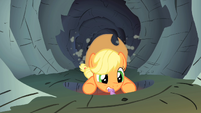 Applejack holding on to Spike's tail S1E19