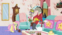 Fluttershy disappointed at Discord's chair S7E12