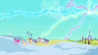 Main ponies, Spike, Shining and Cadance leaving the empire S3E2