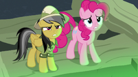 Pinkie and Daring Do looking up at Dr. Caballeron S7E18