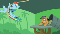 Rainbow Dash swinging from a rope S6E13