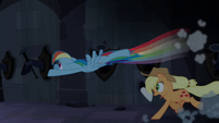 Rainbow and Applejack running out of Hall of Hooves S4E03