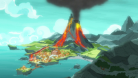Shot of Rockhoof's village with erupted volcano S7E16