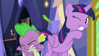 Twilight and Spike dodging flung mashed peas S7E3