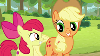 AJ and Apple Bloom smile with excitement S9E10