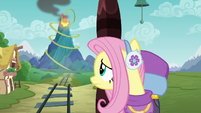 Fluttershy looking at Discord's volcano S6E17