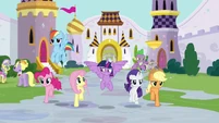 Mane Six and Spike entering Canterlot S9E1
