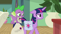 Twilight and Spike approach front desk S9E5