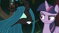 Queen Chrysalis glaring at fake Twilight Sparkle S8E13