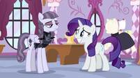 Rarity grinning nervously at Inky Rose S7E9