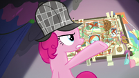 Pinkie Pie pointing at her theory board S7E23