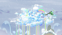 Rainbow flying to Cloudsdale with Tank S5E5