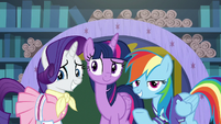 Rarity, Twilight, and Rainbow smile at students S8E17