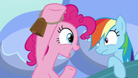 Pinkie wakes up Rainbow Dash with a cowbell S7E23