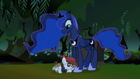 Pipsqueak hugs Princess Luna's leg.