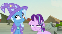 Trixie looking innocent; Starlight very annoyed S7E17