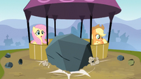 A boulder lands in front of Fluttershy and Applejack S3E09