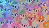 Crowd of ponies looking at rainbow MLPRR