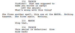 A portion of the original script; contains a line for Mayor Mare