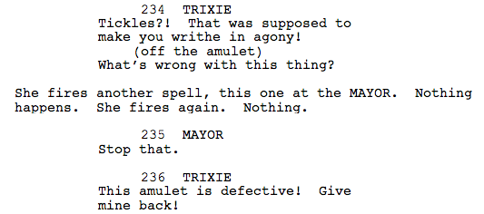 Part of the original script for Magic Duel, showing a cut line for Mayor Mare.