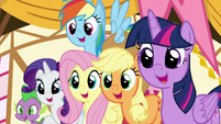 Main ponies and Spike looking at Gummy S8E18