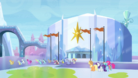 Twilight's friends outside the stadium S4E24