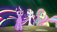Twilight, Rarity and Fluttershy in their Rainbow Power forms S4E26