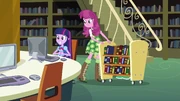 Cheerilee com Twilight na biblioteca em Equestria Girls.