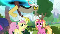 Discord appears over Fluttershy and Luster S9E26