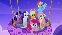 Pinkie Pie pointing at a giant rainbow MLPRR