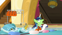 Shining Armor stumbles into the pool water S7E22