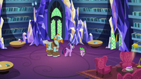 Twilight, Spike, and Rockhoof in library S8E21