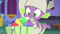 Spike retrieves brochure from trash S9E19