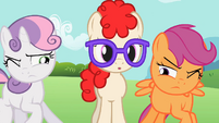 Twist comes out of nowhere, bumping Sweetie Belle and Scootaloo.