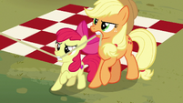 Applejack and Apple Bloom pull on tent rope S7E16