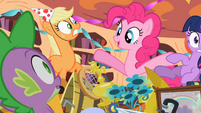 Looks like Pinkie gave quite a startle to Applejack and Spike, and Twilight.