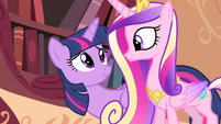 Twilight and Cadance smiling at each other S4E11