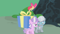 Diamond Tiara and Silver Spoon walk by while Dash is trying to think of new ideas.