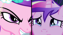 Split screen of the real Princess Cadance and the fake.