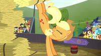 Applejack kicks a hay bale upward S5E6