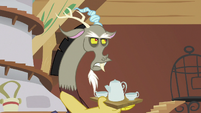 Discord holding tea set while disappointed S6E17