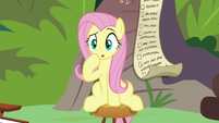 Fluttershy looking at Angel and Sandra S9E18