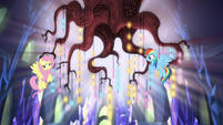 Fluttershy and Rainbow beside the chandelier S5E3