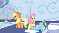 Rainbow puts her hooves on her face; Fluttershy pats her on her mane S6E2