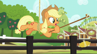 Applejack hanging from the rope again S6E10