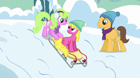Daisy, Cherry Berry, and Caramel sledding S5E5