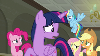 Twilight and friends look at each other worried S6E9
