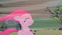 Filly Pinkie Pie blown back by wind S01E23