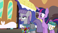 At least she smiles ONCE when admitting she loves Pinkie Pie over candy.