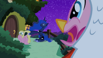 Pinkie Pie looking at Luna holding Fluttershy S2E04